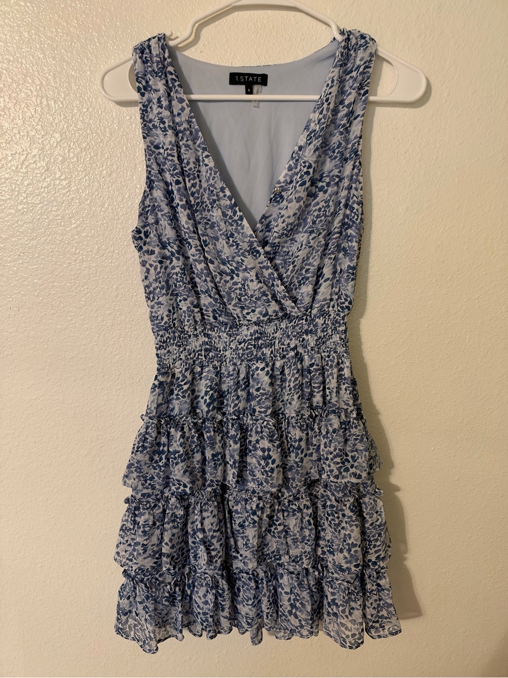 1. State Blue and White Floral Ruffle Tiered Dress